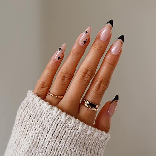 JUSTOTRY 24 Pcs Oval Press on Nails Short, Black Swirl French False Nails Patterns, Trendy Fake Nails Short with Nail Glue, Almond French Stick on Nails for Women, Nails Fake Nail for Nails Art