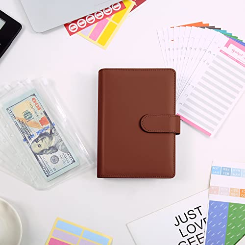 KONVINIT Budget Planner Deutsch Budget Binder A6,Budgetplaner Geldumschläge Umschlagmethode Sparen,Sparbuch mit Folien,Geld Organizer mit Budgetbogen,Etiketten,braun