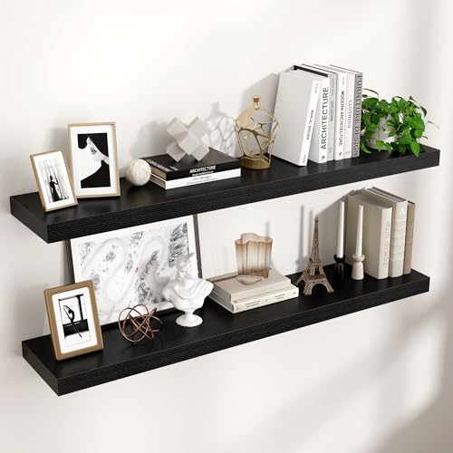 Venusmiles Floating Shelves for Wall 48 inch Long, Engineered Wood Wall Shelves with Invisible Brackets for Living Room Bedroom Bathroom Office Kitchen Decor and Storage, Black Finish, Set of 2