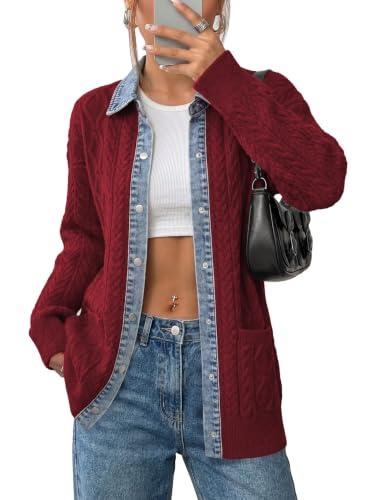 Sidefeel Womens Cable Knit Denim Collar Cardigan Sweaters Burgundy M