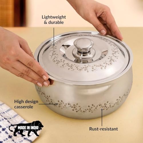Image of Nestasia Stainless Steel Insulated Casserole with Lid (2000 ml) - 100% Food Safe Roti Server with Floral Pattern - Retains Heat & Freshness | Rust Resistant & BPA - Free Chapati Casserole