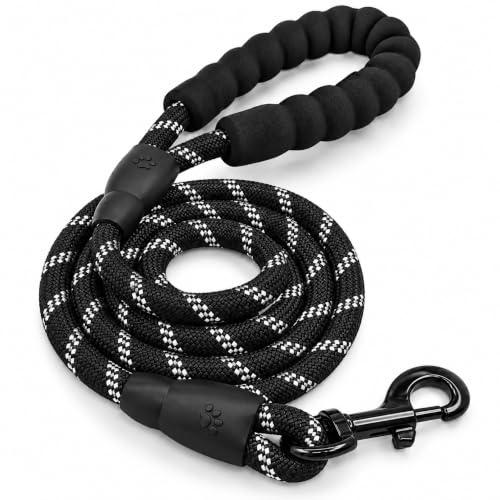 Image of PetVogue FT Nylon Rope Dog Leash, Heavy Duty Training & Walking Lead for Small, Medium & Large Dogs, Reflective Pet Walking Cord with Comfortable Padded Handle & Strong Metal Clip (Black)