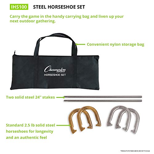 Champion Sports Classic Horseshoe Set: Traditional Outdoor Lawn Game includes Four Professional Solid Steel Horseshoes with Solid Steel Stakes & Carrying Case by Champion Sports - Image 2
