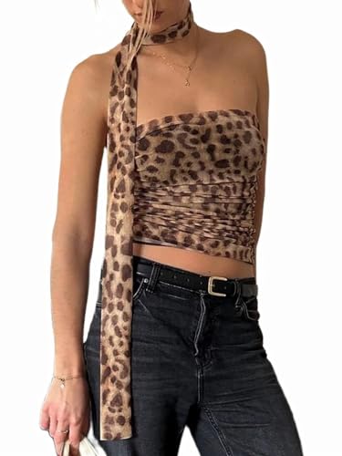 Bocymolay Leopard Print Tube Top for Women Sexy Strapless Mesh Ruched Bandeau Top Going Out Streetwear