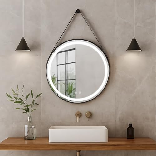 Trintion LED Spiegel Bad mit Beleuchtung 50cm Rund – Touch-Schalter, Beschlagfrei, Dimmbar – Badezimmerspiegel mit Licht für Make-up & Rasu Abnehmbarem Lederband 1