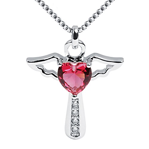 Ckysee Birthstone Necklaces Cross Necklace for Women Girls Cubic Zirconia Angel Wing Birthstone Heart Charm Pendant Necklace Gifts for Valentineï¼ˆJuly-Rubyï¼‰