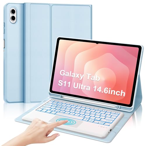 Image of Keyboard Case for Samsung Galaxy Tab S11 Ultra 14.6 inch 2025 (SM-X930 /X936B), 7 Color Backlit,Multi-Touch Trackpad,Magnetic Detachable Wireless Bluetooth Keyboard with S Pen Holder,Sky Blue