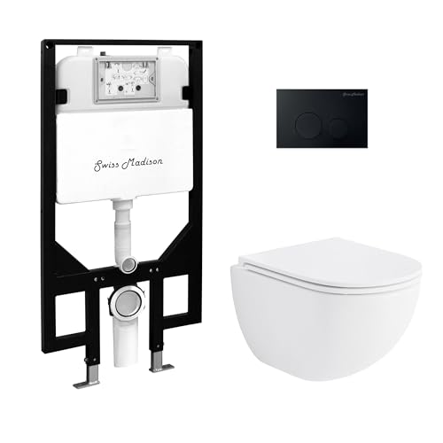 Swiss Madison St. Tropez Wall-Hung Toilet Bundle 0.8/1.6 GPF Dual Flush in Glossy White with Black Flush Plate