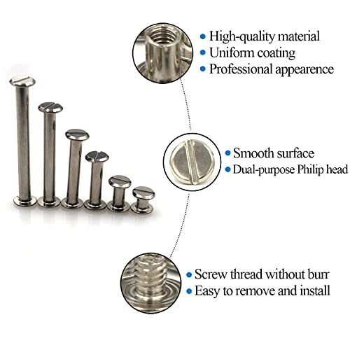 Alloygold 120 Pcs M5 X 6/10/20/30/40/50 Silver Phillips Chicago Screws Binding Screw Posts,Scrapbook Photo Albums Binding Screws Assorted Kit 6 Sizes For Leather Saddles Purses Belt Repair #TOP3