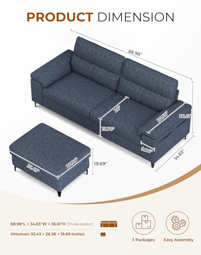 Image of 88.97 inch L Shaped Sectional Couches Deep Seat Sofa for Living Room(Blue)