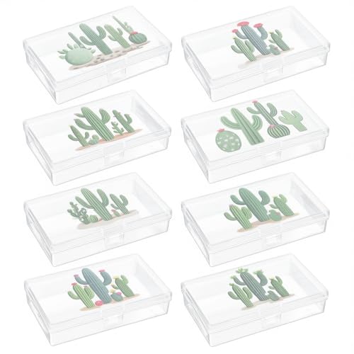 Image of Goodma 8 Pieces Cactus Image Pattern Rectangular Clear Plastic Boxes | Empty Storage Organizer Containers, Hinged Lids, For Small Items and Craft Projects, 5.3 x 3.1 x 1.2 inch