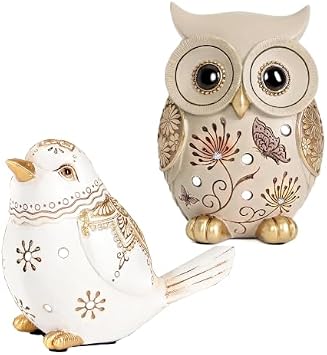 Boho Owl & Handcrafted Gold Carved White Bird Statue Set, Vintage Resin Figurines for Shelf, Desk, Tabletop, Mantel, Living Room Centerpiece Gifts for Family & Friends