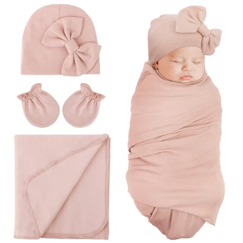 Image of DRESHOW BQUBO Newborn Receiving Blanket Bow Hat Gloves Set Cotton Warm Baby Swaddle Blanket Wrap Baby Sleep Sack Shower Gift
