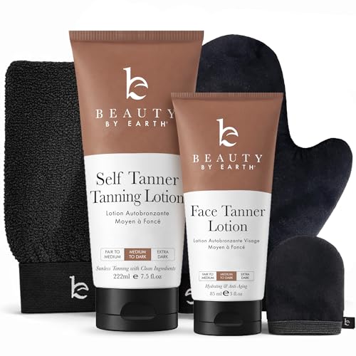Beauty by Earth Tanning Lotion Self Tanner Kit - USA Made with Organic & Natural Ingredients, Self Tanning Lotion Face Tanner & Application Kit, Non Toxic Gradual Tan, Sunless Tan for Women & Men