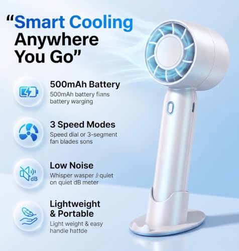 Image of Gismo Mini Portable Handheld Fan, High-Capacity Rechargeable 500mh Battery Powered Personal Fan with 3 Adjustable Speeds, Quiet Small Desktop Fan with Removable Base for Travel, Office, Outdoor & Home