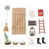 Juego de decoración de Navidad para puerta de gnomo en miniatura de 13 piezas: el paquete incluye 1 puerta de gnomo, 1 farol, 1 corona decorativa, 1 alfombra, 2 botas, 1 escalera de madera, 1 escoba, 1 caja de letras, 1 bolsa pequeña , 1 cubo, 1 tocón de árbol, 1 árbol de Navidad, un total de 13 productos para formar un conjunto completo para el entretenimiento.