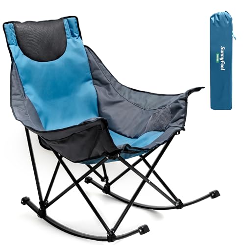 Image of SUNNYFEEL Oversized Folding Rocking Camping Chair for Adults, 500lbs Blue | Heavy Duty Outdoor Rocker Camping Chairs, High Back Padded Lawn Recliner with Side Pocket & Carry Bag