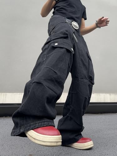 Mens Goth Baggy Cargo Jeans with Pockets Steampunk Patchwork Embroidery Wide Leg Denim Pants4