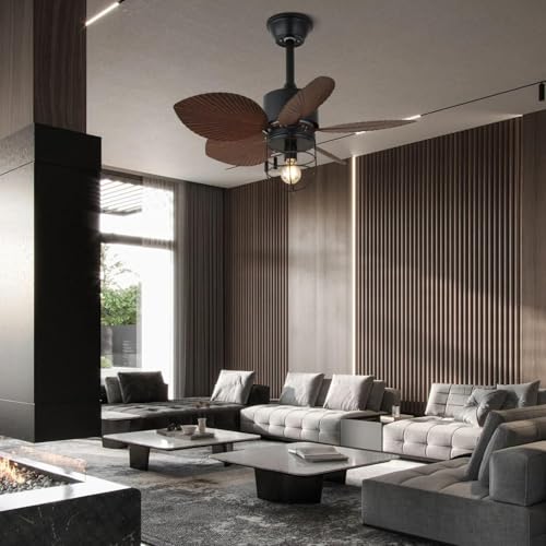 Image of Industrial Cage Ceiling Fan with Warm-White Light|Modern Wooden-Leaf Ceiling Fan with Metal Grill Lamp for Bedroom, Living Room & Cafe|Phoebe