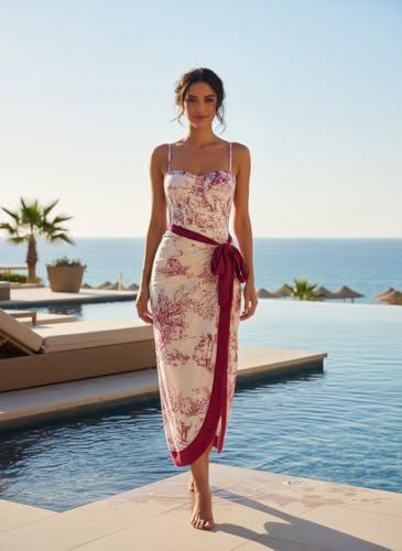 Showday European American Women's Bikini Bathing Suit Women's One Piece Swimsuit with Beach Cover up Wrap Skirt Floral Tummy Control Tankini Set 2 Piece Swimsuit Outfits (Red, S)