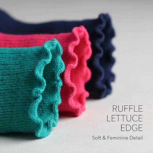 Image of Tipi Toe Women's 6 Pairs Quarter Crew Socks - Lightweight Solid Color Turn-Cuff Ruffle Lettuce Edge Dress Socks, Size 9-11