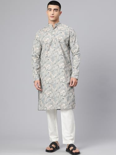 Image of Majestic Man Men's Regular Fit Ethnic Motifs Printed Pure Cotton Long Kurta with Mandarin Collar & Full Sleeves