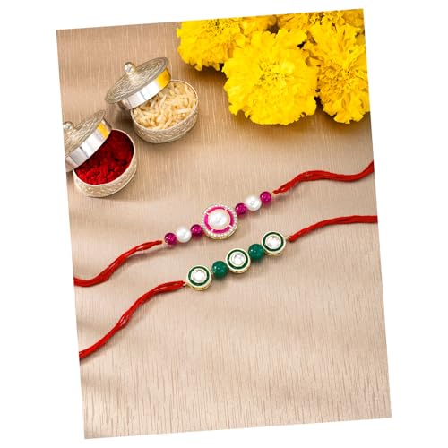 Image of Peora Rakhshabandhan Thread Rakhi for Brother Bhaiya | Kundan Beads & Crystal Studded | Combo Set of 2 | Rakhi Hamper Roli Chawal & Greeting Card