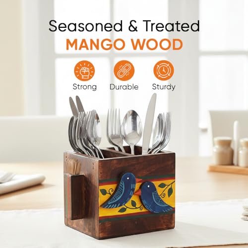 Image of AAKRITI ART CREATIONS Love Birds Cutlery Holder Small | Hand-painted Wooden Stand For Dining Table | Kitchen Knife Holder | Wooden Cutlery Holder, Multicolor Matte Finish