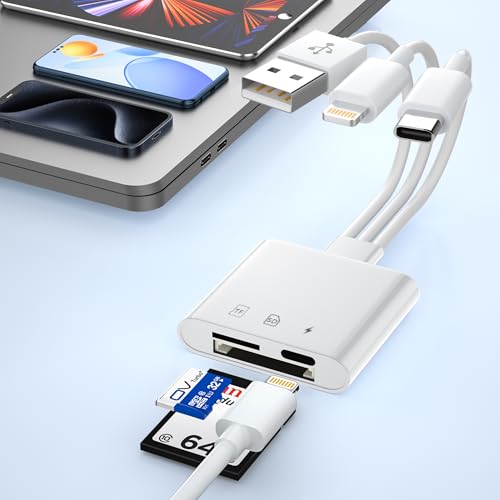 Lightning USB-C SD Card Reader for iPhone/iPad,Digital Camera Adapter to SD/TF/Micro SD Card Three Connector,Universal Memory Card Reader USB OTG Adapter,Plug and Play