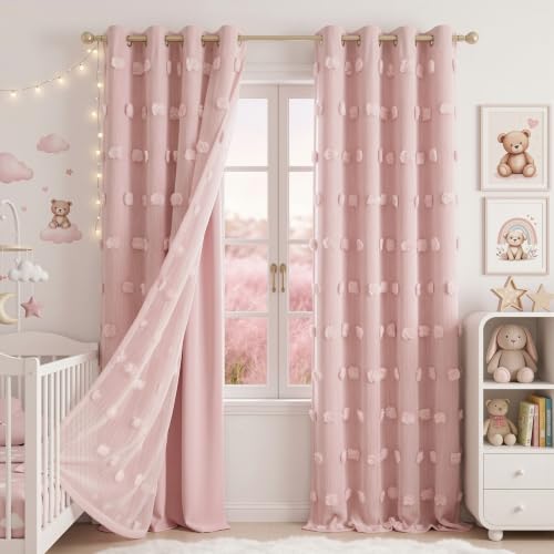 Image of MYSKY HOME Pink Curtains for Bedroom 72 Inches Long Nursery Curtains Pom Pom Pink Sheer Curtains for Girls Room Double Layer for Toddler Bedroom Grommet Room Darkening Window Panels 52 x 72 Inch