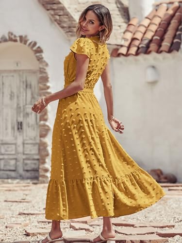 Image of PRETTYGARDEN Womens Dresses 2026 Summer Maxi Dress Boho Short Sleeve V Neck Swiss Dot Ruffle Tiered Smocked Flowy Long Dress