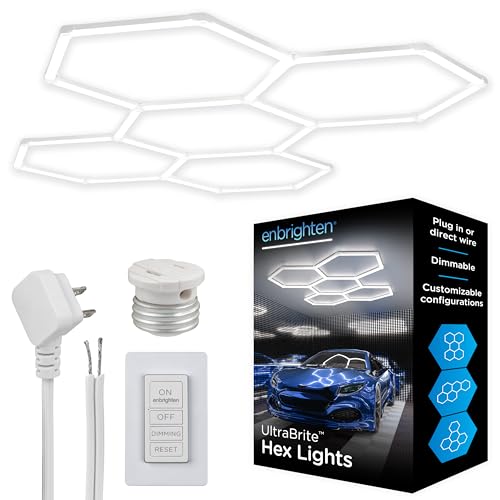 Enbrighten Ultrabrite Hexagon Garage Lights, 24 Pack, 5 Hex, 24,000lm, Dimmable with Remote, LED Ceiling Light for Car Detailing, Shop Lighting, Gym Decor, Man Cave, ETL Safety Certified, 85837