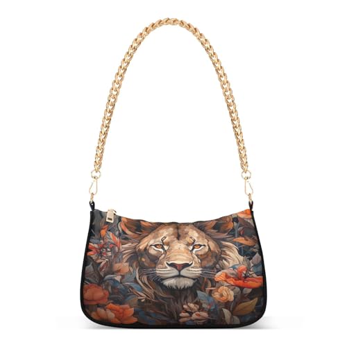 Lion Flower Shoulder Bag for Women, Handbag with Chain Strap, Soft Purse Tote Bag for Ladies