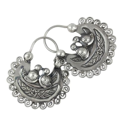 NOVICA Artisan Handmade .925 Sterling Silver Hoop Earrings Artisan Crafted Mazahua Style Mexico Sharkskin Animal Themed 'Mazahua Lovebirds'