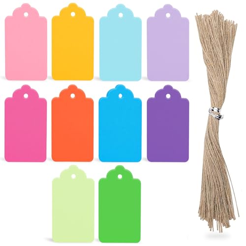 SallyFashion 100 PCS Gift Tags with String Attached, 1.7x2.8 inch Colored Gift Tags for Presents DIY Crafts Clothes Holiday Wedding Party Favors