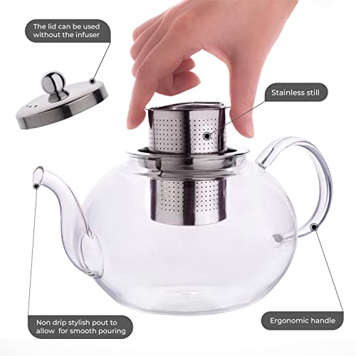 Aserson 1200 Ml/40 Oz Glass Teapot, Heat Resistant, Stainless Steel Infuser, Handmade, Leaf Tea Brewer, Borosilicate Glass, Stovetop Teapot And Microwave Safe #TOP2