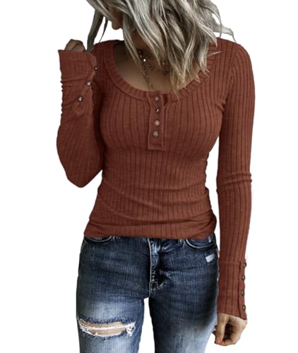 Image of KINLONSAIR Women's Long Sleeve Henley T Shirts Button Down Slim Fit Tops Scoop Neck Ribbed Knit Shirts