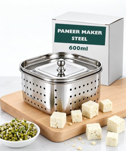 Image of Mishaa Stainless Steel Paneer Maker 600 ml, Square Paneer Press with Lid, Tofu Press Mould with Whey Separator, Homemade Paneer and Tofu Maker, 12 x 12 x 5.5 cm