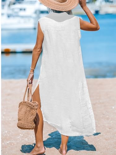 Image of CUPSHE Women's Swimsuit Coverup Casual Sleeveless Side Split Long Cardigans V Neck Midi Beach Dress