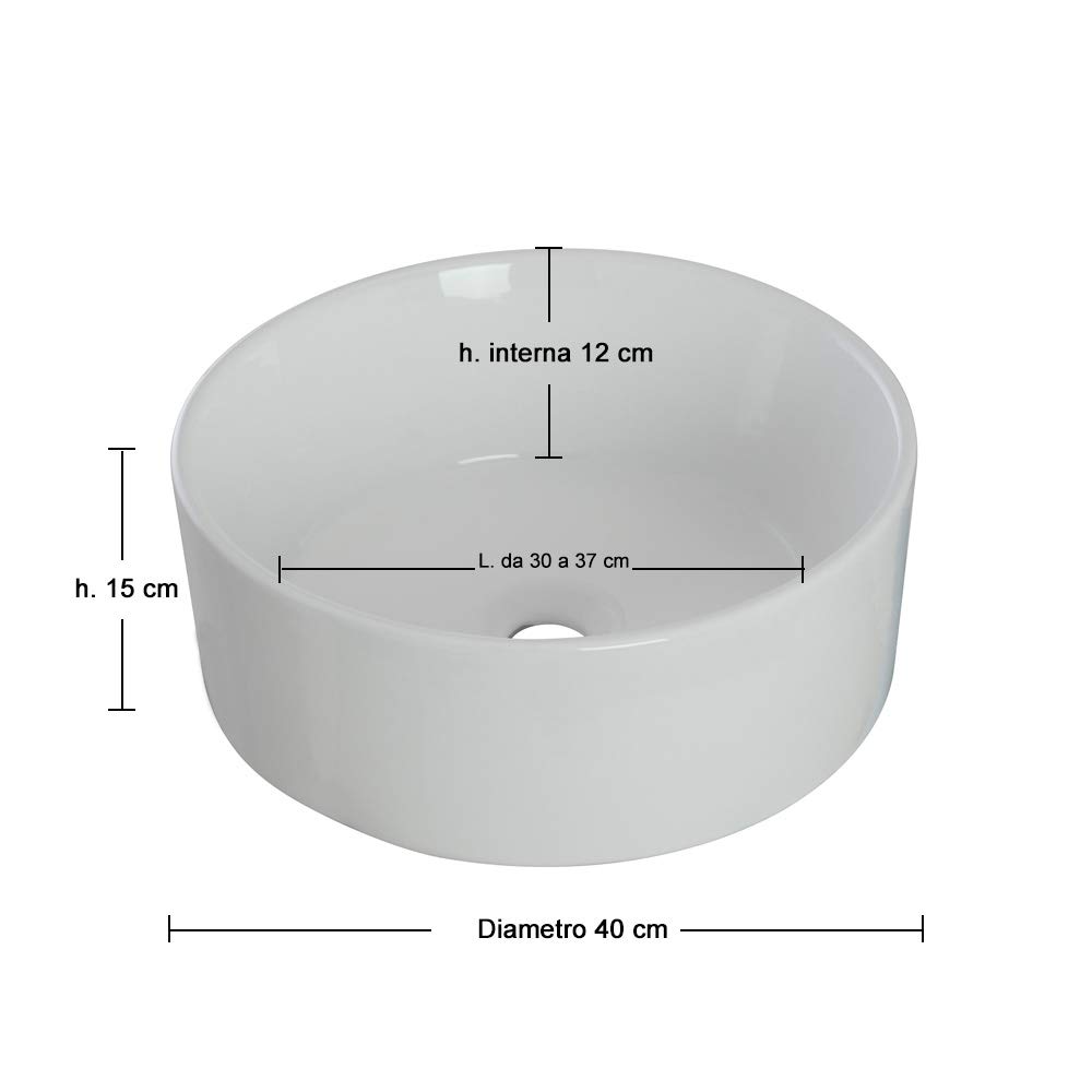 Lavandino Bagno d'Appoggio Tondo in Ceramica Diametro 40 cm Bianco Lucido