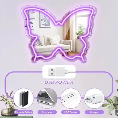 Image of Butterfly Neon Sign Mirror, LED Neon Signs for Wall Decor, 15.7'' x 12'' Dimmable Neon Light for Teen Girls & Kids Birthday Party Gift, Neon Sign for Bedroom Decor, Wall Mirror, USB Powered (Purple)