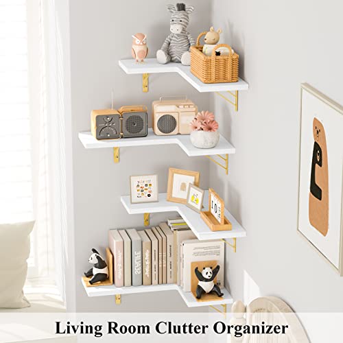 Love-Kankei Corner Shelf Wall Mounted,Floating Wall Shelves For Storage,Rustic Wood Hanging Shelves For Display,Bedroom Bathroom Living Room Kitchen,Set Of 4,White #TOP4