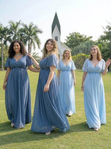 Image of Ever-Pretty Short Sleeves V Neck Plus Size Formal Dresses for Curvy Women Chiffon Mother of The Bride Dress Evening Gowns