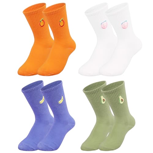 Keepatin - 4 Pairs Crew Socks Women, Colorful Fruit Pattern Tennis Socks, Breathable Cotton Socks, Funny Gifts for Women Girls, for Running, Sports, Work, One Size