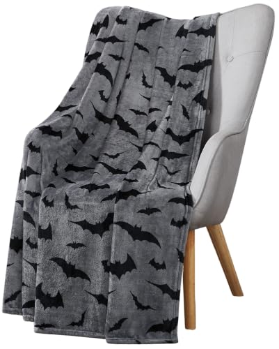 Halloween Fleece Throw Blanket, Black Bats on Gray, 50"x70" Oversized
