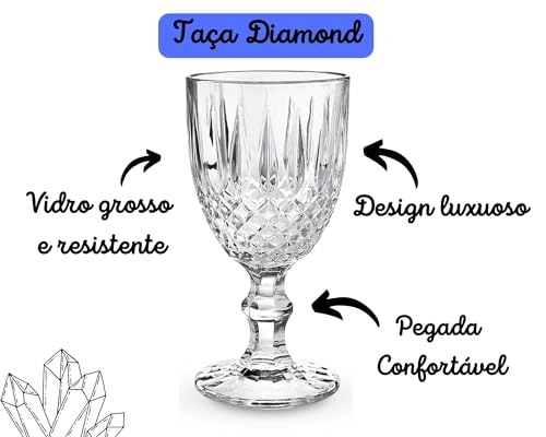 Conjunto Com 6 Taças Diamond Transparente 235ml Vidro Grosso Luxuoso Premium Metalizada Diamante Beb