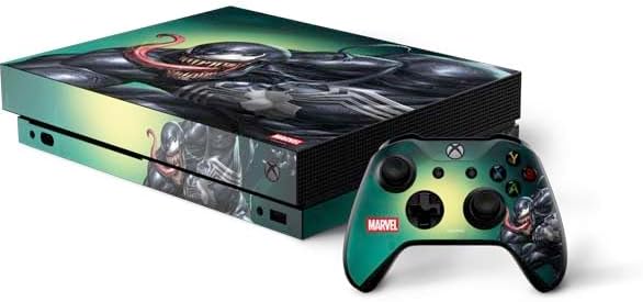 Skinit Decal Gaming Skin Compatible with Xbox One X Bundle - Officially Licensed Marvel Venom Symbiote Design