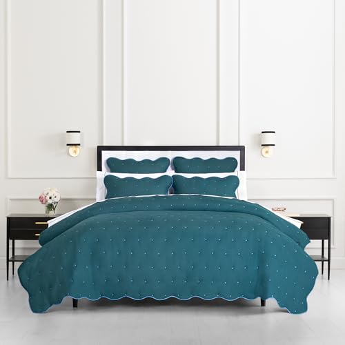 kate spade new york Scalloped Edge 3-Piece Full/Queen Quilt Bedding Set, 100% Cotton Voile Reversible Cover, All Season Bedding, Machine Washable, Blue Spruce by kate spade new york - Used condition - US$80.46