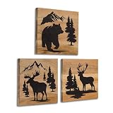 HomeRustique Real Wooden Cabin Decor with Bear, Deer & Moose (Set of 3) - Rustic Mountain & Forest Wall Decor, Woodland Lodge Art for Home, Living Room, Hunting Theme or Bathroom