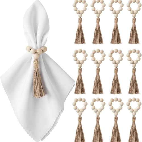 12 Stück Holzperlen Serviettenringe mit Jutegirlande, Rustikale Boho Serviettenhalter, Natürliche Holzperlen & Jutefrans für Hochzeiten, Geburtstage, Thanksgiving, Weihnachten & Tischdekoration.